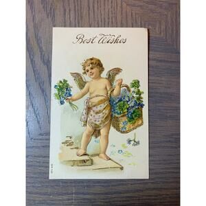 Little Angel with Flowers and Four-leaf Clovers, Best Wishes, Vintage Victorian